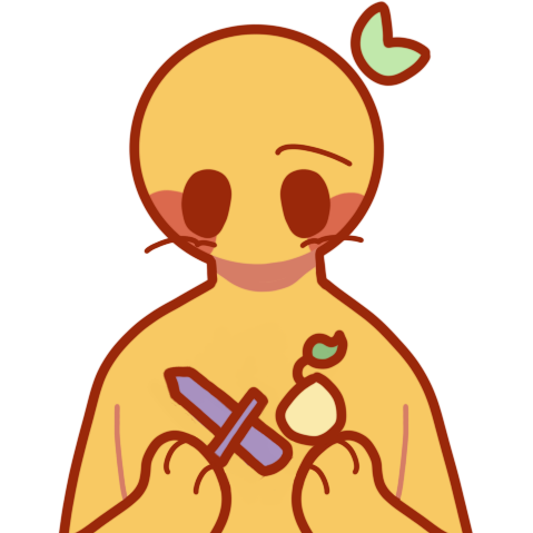 A yellow person with a leaf on the right side of their head looking down to their hands. They're holding a knife and a seed that's just sprouted with a leaf coming out of it.